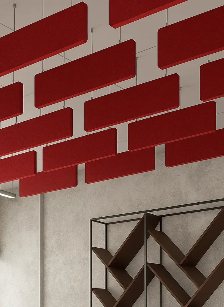 Felt Ceiling Acoustic Baffles - RECTANGLE ROUNDED red panels in office interior Decormania UK